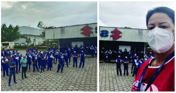 Diretora dos Metalúrgicos, Cátia Cheve mostra porta de fábrica da Suzuki parada